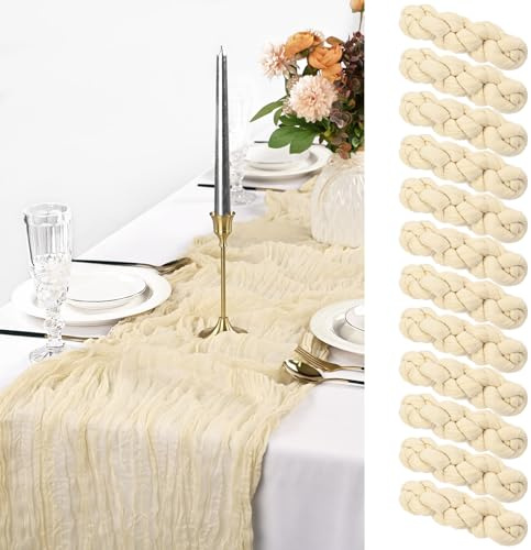 Pesonlook 12 Stück Beige Käsetuch Tischläufer Lang, 90 x 300 cm | 3 m lang, Rustikaler Gaze Stoff Boho halbtransparent Hochzeits Seihtuch Tischläufer für Hochzeit, Party, Brautparty，Bankett