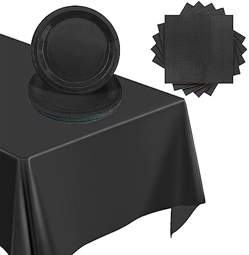 POPOYU Partygeschirr Set Schwarz,37 Stück Schwarz Party Geschirr Liefert Pappteller Servietten Tischdecke Schwarz·Partygeschirr Set für Geburtstagsparty Dekoration,Halloween,Hochzeit Party