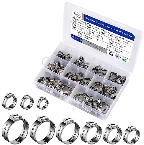 Stepless Cinch Clamp Rings Kit (100 PCS), 9 Sizes 7-25.6mm, 304 Stainless Steel Single Stepless Ear Hose Clamps for Plumbing and Pipe Fitting Connections, tubing Pipe Fitting by RTHIEAI