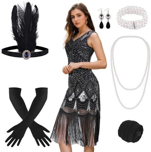PLULON 1920er-Jahre-Flapperkleid mit Pailletten, Perlen, Fransen und 20er-Jahre-Accessoires-Set (Schwarz und Silber)