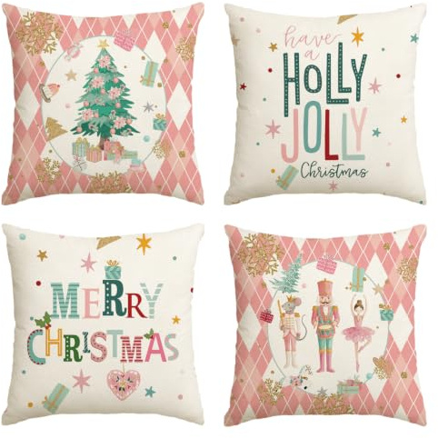 Artoid Mode Rosa Diamant Plaid Nussknacker Baum Frohe Weihnachten Kissenbezüge 4er Set, 45x45cm Winter Zierkissenbezug Couch Wohnzimmer Deko