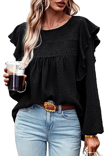 MYCOLORBLUE Blusen Tuniken für Damen Elegant Rüschenärmel Swiss Dot Spitzenbesatz Vorne Falten Streetwear Rundhals Hemdbluse Schwarz XL