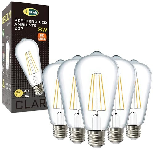 CLAR - E27 LED Vintage Glühbirne, Warmweiß 2700K, Edison-Stil, 8W, 5er Pack