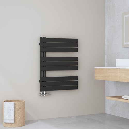 EMKE Handtuchheizkörper Flach 762x600 mm, Badheizkörper Handtuchhalter mit Seitenanschluss, Effizienter Handtuchwärmer Handtuchtrockner Bad Heizkörper, Schwarz, 479W