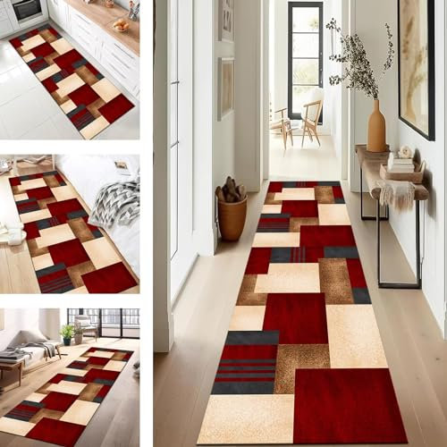 Läufer Flur Küche Waschbar rutschfest 100X400CM Teppichläufer Lang Küchenteppich Flurteppich Beige Rot Küchenläufer Teppichmatten Korridor Wohnzimmer Schlafzimmer Meterware Schmutzfangmatte Fußmatte