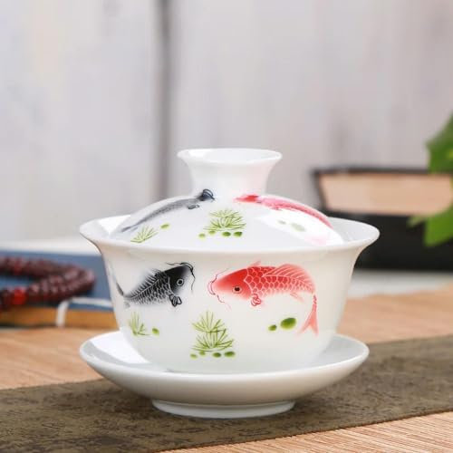 HGYEDA Weißes Porzellan Gaiwan Keramik Teeservice Sancai Deckelschale Blaues und weißes Teeset Teeschale 150 ml