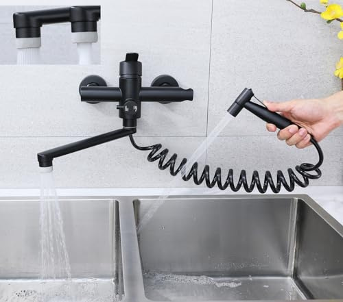 Küchenarmatur，Wasserhahn Küche Wandmontage, Wandarmatur Küche mit Spritzpistole, 360° Drehbare Küchenarmatur Wandmontage, Drehrohr 23cm, warm und kalt, 4 Funktionsmodi, 304 Edelstahl, schwarz