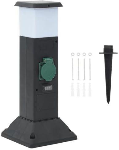 vidaXL Outdoor Socket Column with Lamp & Spike – 2-Way Power Distribution, IP44 Weatherproof Electrical Outlets, Garden Lighting, Black/Green
