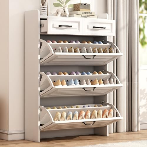 Schuhkommode mit drehbarem Schuhschrank, bestehend aus drei großen Klappen und zwei Schubladen, Holzschuhschrank, Schuhregal, Geeignet für Eingangsbereiche und Wohnzimmer - Maße: B80/T23.5/H131 cm