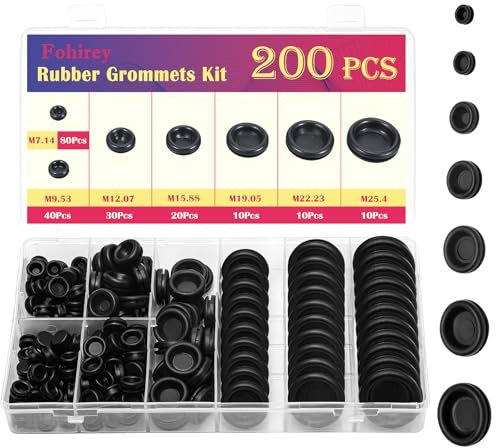 200 Pcs Rubber Grommets Kit, Fohirey 7 Sizes Cable Grommet for Holes, Black Rubber Plugs Electrical Wire Gaskets Blanking Grommets, Ring Grommets Assortment Kit for Protecting Wires, Plugs, Cables