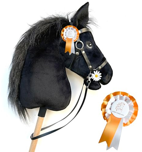 Hobby Horse Negro A3 Sangre Pura, Caballo Bastón Completo con Red, Mors, Rienda y Flot. Cabeza de caballo palo para Hobby Horsing Niños y Adolescentes