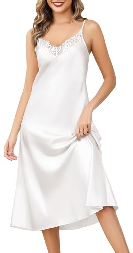 Lovasy Camison Saten Mujer Largo Camisón Sexy Babydoll Tirantes Ajustable Cuello V Encaje Dormir Combinacion Verano Camisones,Blanco,L