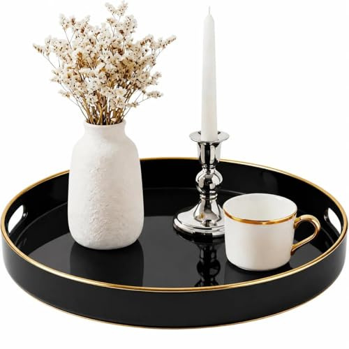 Simmer StRound plastbricka en dekorativ, rund plast med handtag, modern sminkbord och servering för ottoman, soffbord, kök och badrum, storlek 33 cm (svart)