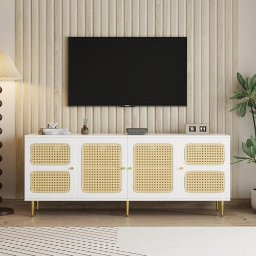 Becag Rattan TV-Ständer mit 4 Rattantüren, niedriger Schrank mit verstellbaren Einlegeböden, TV-Tisch, Sideboard, Eckschrank für Wohnzimmer, 180x72x40 cm, Weiß