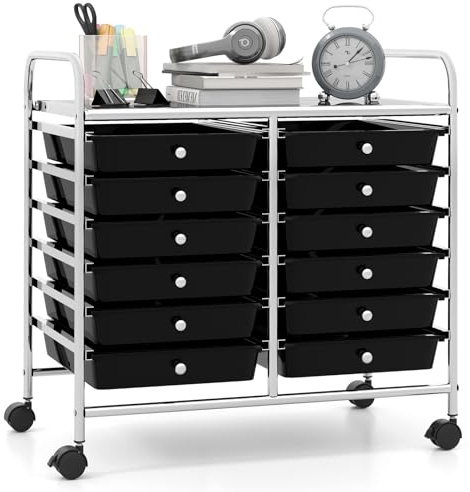 GIANTEX Rollwagen mit 12 stapelbaren Schubladen, Schubladenwagen mit Rollen & Arbeitsplatte, Badrollwagen für Wohnzimmer, Küchen, Schlafzimmer & Büros, 64 x 38 x 62 cm (Schwarz)