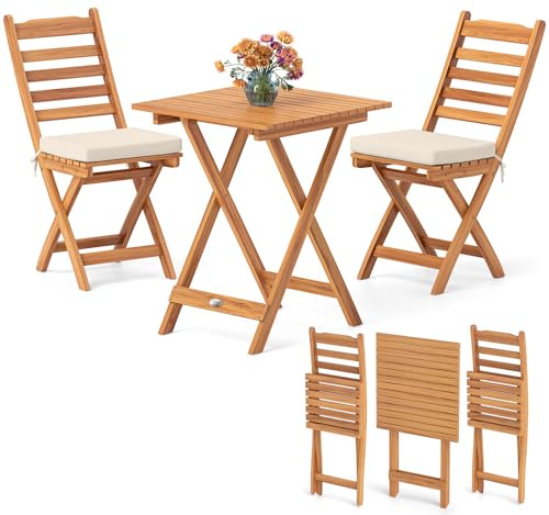 KOMFOTTEU Set da bistrò da 3 pezzi, pieghevole, set da tavolo e 2 sedie in legno di acacia per giardino, set di sedute con cuscini e tavolo quadrato per terreza, balcone (listoni orizzontali)