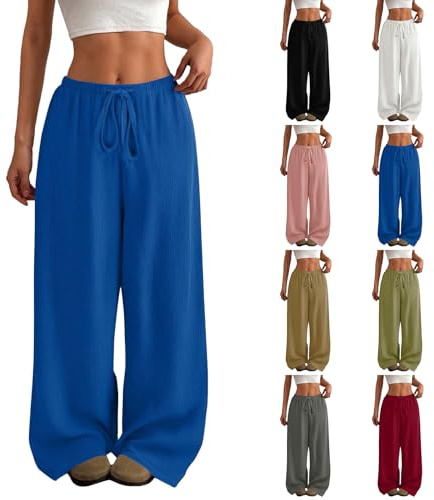 Uwdiohq Pantalon Fluide Femme Été Fluide Plissé Taille Haute Elastique Décontractés Pantalons Mode Confortable Jogging Plage Rétro Pants Léger Respirant Pantalon avec Poches