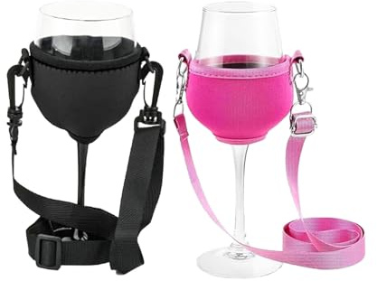 LUMOOM 2 Stück Weinglashalter zum Umhängen, Stoff Weinglas Halterung, Tragbare Weinglashalter, Weinhalter Halshalter, ideal für Weinfest, Hochzeit, Geburtstag, Party, Picknicks (Schwarz+Rot)
