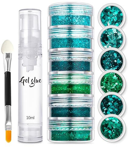 6 Farben Grün Glitzer - Nagelpuder Festival Glitzer Gesicht Set, Body Glitter Gel Chunky Sequin Face Body Glitter Festival Zubehör Accessoires Gadget, Inklusive Long Lasting Fix Gel und Pinsel