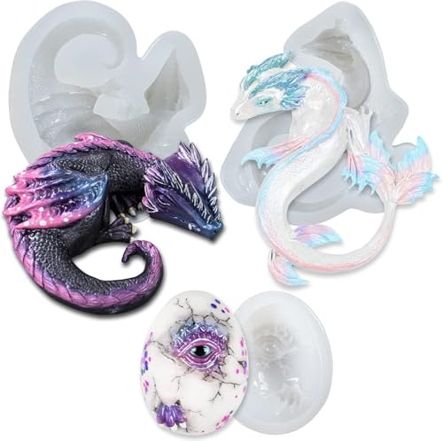 Selecto Bake 3-teiliges Drachen-Epoxidharz-Silikonformen-Set für Fondant, Drachen, Kuchendekoration, Beton, Zement, Polymerton, große Länge 6,6–10,4 cm