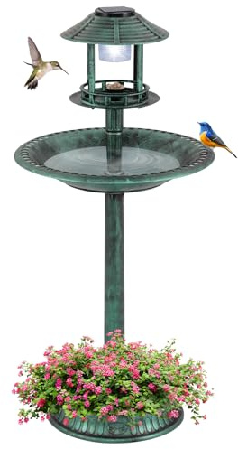 COSTWAY fågelbad med solcell, blomkruka, fågelmatningshus och stativ, fågelmatningsstation retro, foderdispenser fågelmatare, vilda fåglar fågelbad trädgård, Ø 50 x 107 cm (grön)