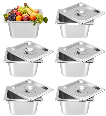 Crlvlyn 4PCS Stainless Steel Gastronorm Pan 1/6 with Lid,Stainless Food Storage Containers Stackable Metal Steamer Pan for Kitchen Restaurant Party Buffet Event Catering
