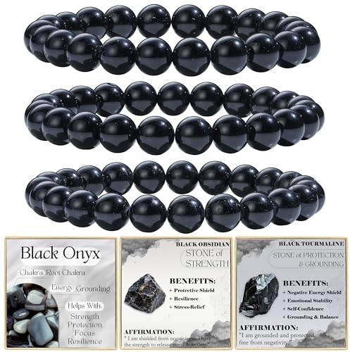 Bivei 3 Pezzi 8mm Bracciale Donna - Onice Nero, Obsidiana Nera, Tourmalina Nera - Bracciali con Perline Elastico con Pietre Naturali, Gioielli Fatto a Mano per Yoga, Meditazione, Protezione e Regalo