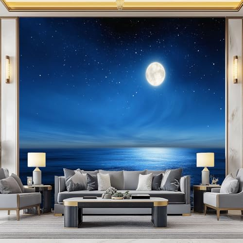 Fotomurales Cielo Nocturno De Ensueño Y Vista Al Mar Papel pintado mural 200 x 140 cm tejido no tejido, Arte Papel tapiz mural Azul Moderna Decoración De Pared Sala Oficina Salón
