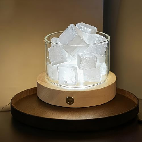 Lamptobe Selenita nocturna con base LED de madera, juego de piedras naturales chakra, piedras curativas, lámpara para terapia de cristal, meditación, alivio del estrés, reiki, yoga, limpieza de