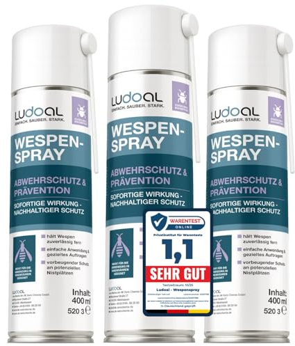 Wespenspray mit langem Sprührohr & 10x mehr Wirkstoff (2% Geraniol) – EXTRA STARK – Sofortiger Abwehrschutz mit Langzeitwirkung – 15 cm Sprührohr – Made in Germany – LUDOAL 3x 400 ml (PT19)