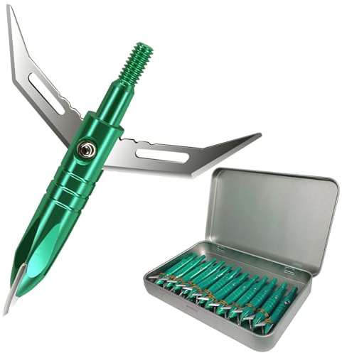 e5e10 12pcs Hunting Broadheads 100 Grain Archery Broadheads 420 Stainless Steel Higher Hardness 2-Blades + 1 pc Broadhead Case for Arrowheads (Green)