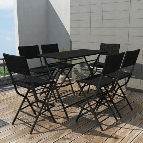 QJBSAVVA 7-TLG. Klappbare Garten-Essgruppe Schwarz, 120 x 60 cm Bartisch mit 6 Barhockern aus wetterfestem PE-Rattan und Stahl, platzsparendes Balkonset für Garten Terrasse Kleiner Balkon