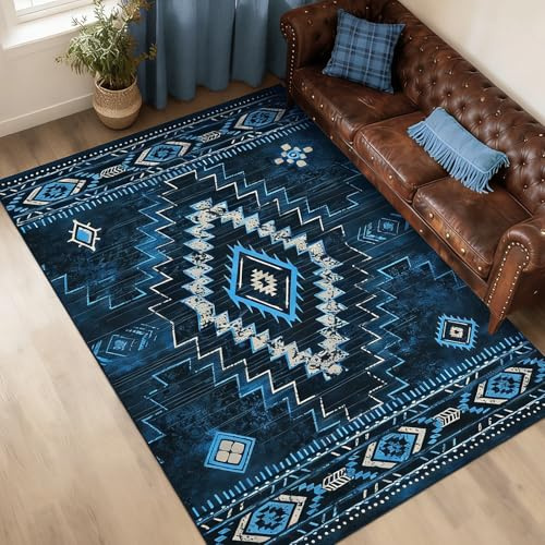 Alishomtll Matta med kort lugg för vardagsrum, halkfri, mjuk, tvättbar, köksmatta, vintage, geometriskt mönster, matta för sovrum, barnrum, kök, entré, blå, 140