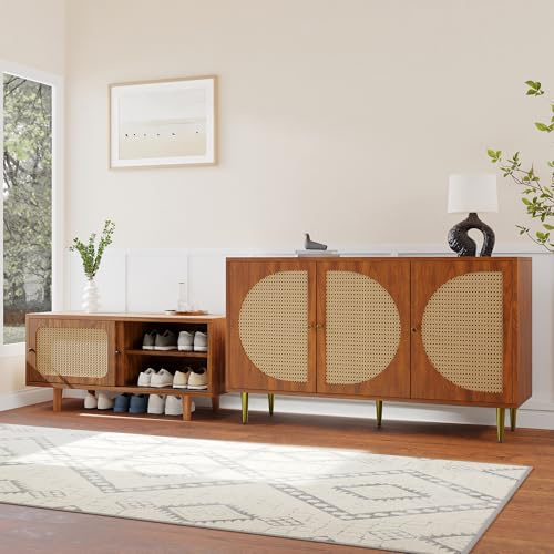 Juego de aparador de ratán con zapatero, 3 puertas, puertas correderas, aspecto de nogal, armario de salón, mueble de pasillo, armario boho moderno