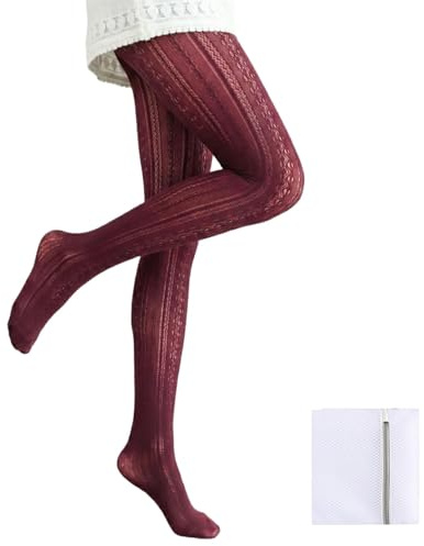 Burgundy Exquisite Lace Jacquard Tights with Hollow-Out Design – Sweet Romantic Patterned Leggings for Women, Breathable Comfort Fit, Stretch Knitted Cotton Fabric, Fashion Cable Knit with Laundry Bag