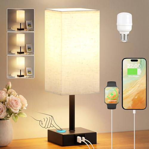 PreeOtti Touch Bedside Lamps, Bedside Table Lamp with USB A+C Charging Port