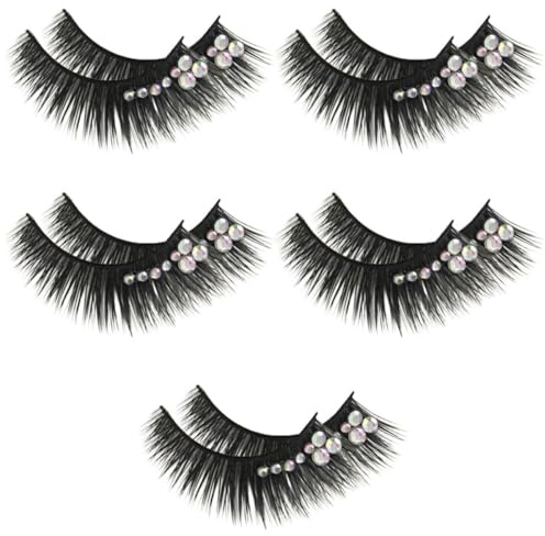 RUNROTOO 5 Pairs Long Dramatic Stage False Eyelashes with Rhinestones, Thick Diamond Decorated Fake Lashes for Women, Realistic Artificial Eyelash Extensions for Performance and Party