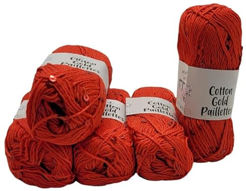 5 x 50g Cotton Gold Paillettes Strickgarn – 250g Paillettengarn Baumwolle Polyester, 700m Lauflänge, Effektgarn mit Pailletten, Häkel- & Strickwolle, Nadelstärke 4 (rot 7115)