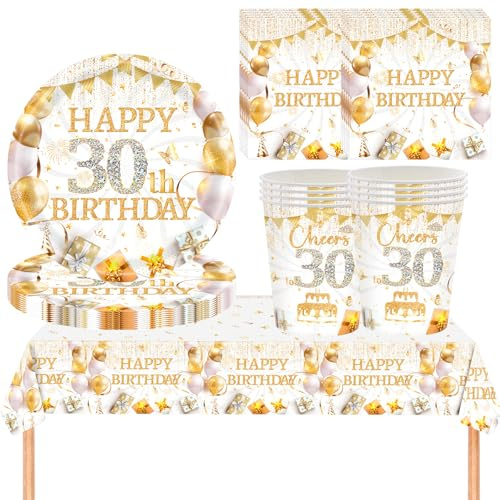 YESAH 53P 30th Birthday Party Tableware Set,White Gold Paper Dinnerware Set | Includes Paper Plates,Cups,Napkins and Reusable Tablecloth for Him,Her Gold Table Decor -16 Guests