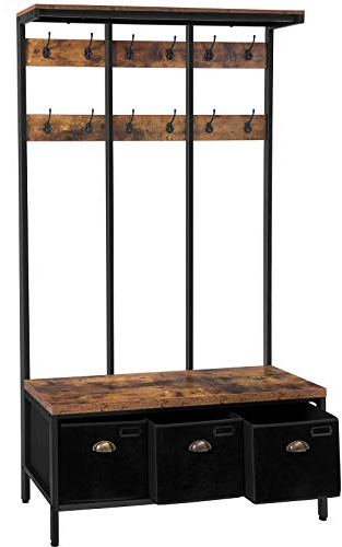 HOOBRO Garderobenständer, Große Garderobe, Kleiderständer mit 12 Haken, Sitzfläche mit 3 Aufbewahrungsbox, Schuhbank, Stabil, Industrie, für Eingangsbereich, Wohnzimmer, Schlafzimmer EBF33MT01