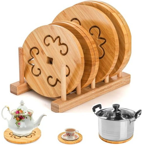 AVLA 6 Pack Natural Bamboo Trivet Mat Set, Heat Resistant Pads with Dish Rack, Kitchen Wood Non-Slip Coaster, Durable Anti-Hot Trivet Stand Mat Set for Hot Dishes, Bowl, Hot Pot Holders