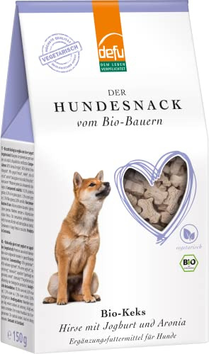 defu Hundesnack | 6 x 150 g | Bio Hundekekse Hirse mit Joghurt und Aronia | Vegetarische Premium Leckerlis für Ihren Hund