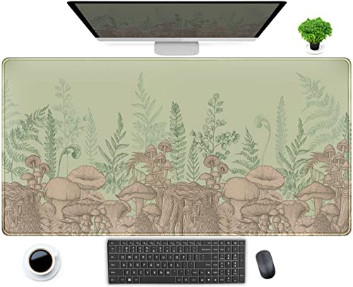 Söta gröna löv musmatta skrivbordsmatta beige skogssvamp XXL stor utökad spelmusmatta skrivbordsdyna 80 x 40 cm, coolt tangentbord musmatta skrivbordsmattor för dator laptop kvinnor skrivbordsspelare