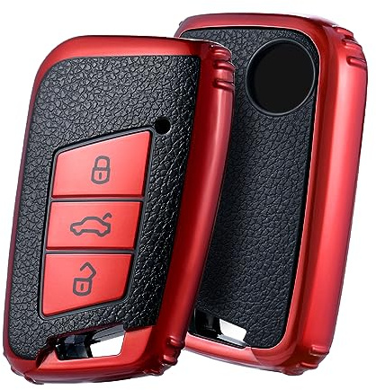 OATSBASF Autoschlüssel Hülle Kompatibel mit VW Passat B8, VW Schlüsselhülle, Schlüsselbox Cover für VW Passat, SEAT, CC, Golf 7, Tiguan, MK2, Jetta, Skoda 3-Tasten (P-Rot)