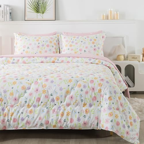 Wajade Floral Comforter Set Bed in A Bag Full Size 7 Piece Botanical Flower Green Leaves Rabbits Bedding Set for Girls (1 Comforter, 1 Flat Sheet, 1 Fitted Sheet, 2 Pillowcase and 2 Pillow Sham)