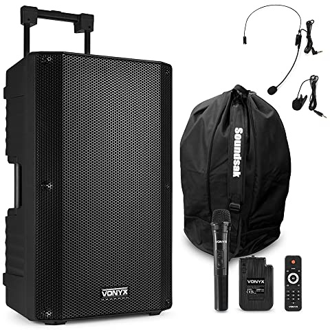 VONYX VSA700-BP Portable PA System with 15 Speaker, Wireless Handheld and Headset Microphones, Bluetooth, USB Playback, Rechargeable Battery, 1000W Power and Protective Speaker Bag Included