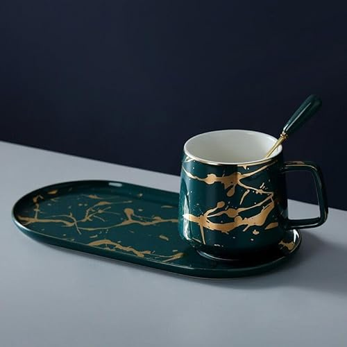 FülleMore Marmor Keramik Kaffeetasse mit Untertasse und Löffel 400ml Frühstückstasse mit Essteller elegant Kaffeebecher Geschenkset für Mutter,Vater,Oma,Freunde,Bruder,Kollegen (Grün)