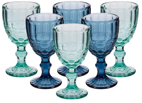 Dibor Drinking Glasses Set of 6 - Blue & Turquoise Dishwasher Safe Coloured Wine Glasses & Tumbler Glasses Vintage Style Baroque Embossed Glassware with Bevelled Effect Finish (Goblets)