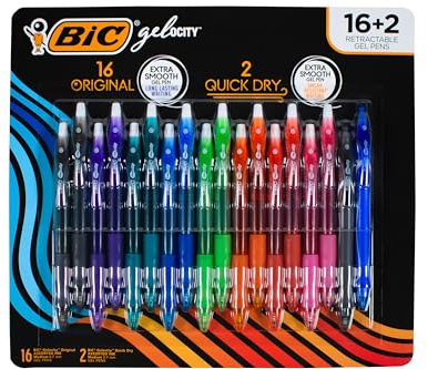 BIC Gelocity Gelschreiber, einziehbar, 0,7 mm, mittlere Spitze, extra glattes Schreiben, bequemer Griff, sortierte Gel-Tinte, 16 + 2 Stück, 16 Original + 2 schnell trocknend
