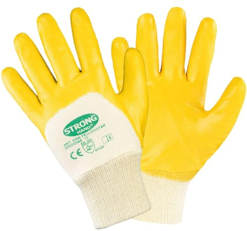 FLG Nitrilhandschuhe 12 Paar Gelb mit Strickbund Baumwollhandschuhe mit Nitrilbeschichtung Arbeitshandschuhe (11)